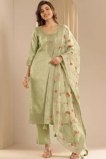 Green Ethnic Motifs Floral Embroidered Zari Straight Kurta with Trousers & Dupatta