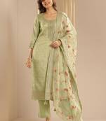 Green Ethnic Motifs Floral Embroidered Zari Straight Kurta with Trousers & Dupatta
