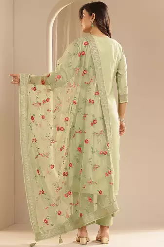 Green Ethnic Motifs Floral Embroidered Zari Straight Kurta with Trousers & Dupatta