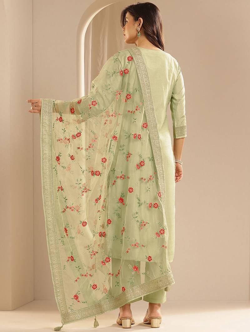 Green Ethnic Motifs Floral Embroidered Zari Straight Kurta with Trousers & Dupatta
