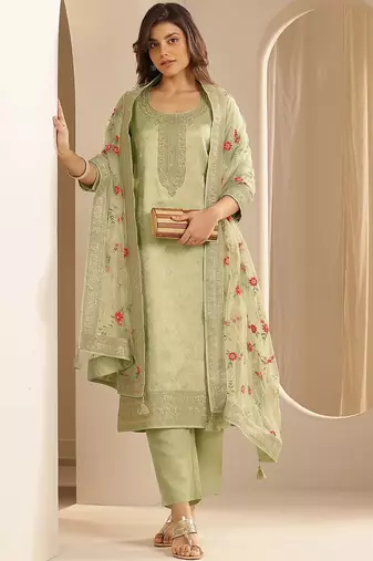 Green Ethnic Motifs Floral Embroidered Zari Straight Kurta with Trousers & Dupatta