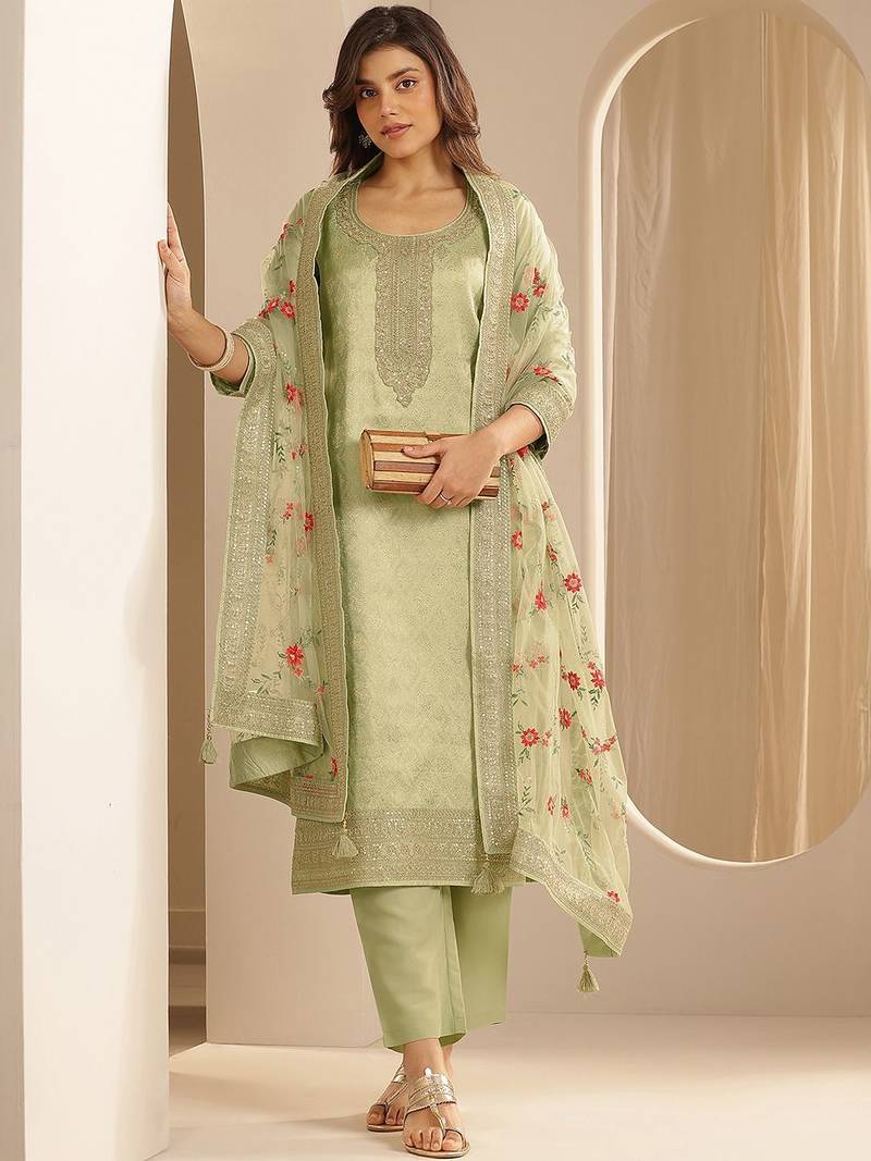 Green Ethnic Motifs Floral Embroidered Zari Straight Kurta with Trousers & Dupatta