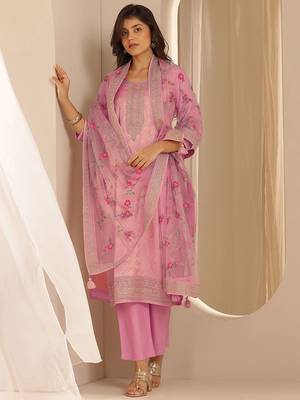 Pink Ethnic Motifs Floral Embroidered Zari Straight Kurta with Trousers & Dupatta 1