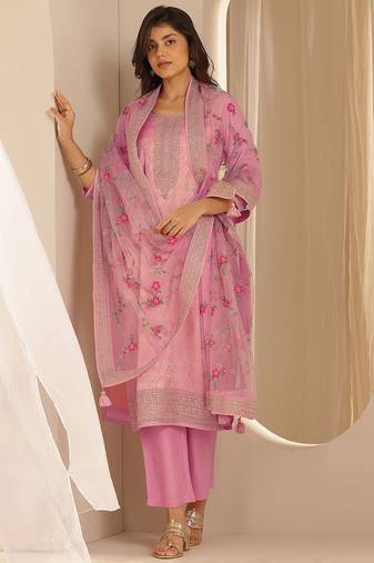 Pink Ethnic Motifs Floral Embroidered Zari Straight Kurta with Trousers & Dupatta