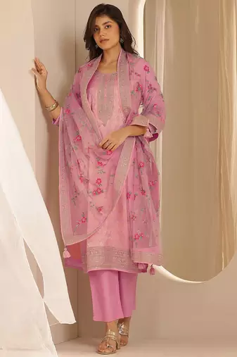 Pink Ethnic Motifs Floral Embroidered Zari Straight Kurta with Trousers & Dupatta