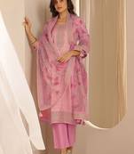 Pink Ethnic Motifs Floral Embroidered Zari Straight Kurta with Trousers & Dupatta