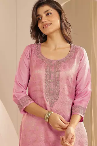 Pink Ethnic Motifs Floral Embroidered Zari Straight Kurta with Trousers & Dupatta