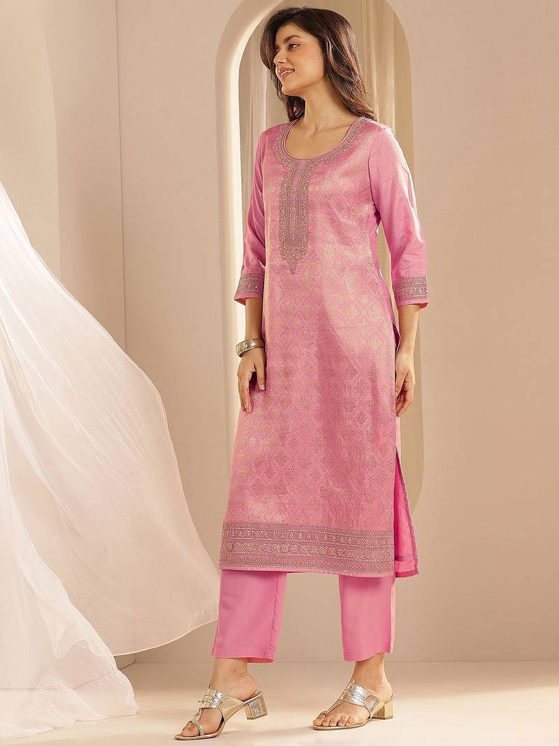 Pink Ethnic Motifs Floral Embroidered Zari Straight Kurta with Trousers & Dupatta