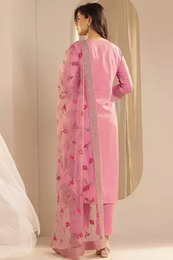 Pink Ethnic Motifs Floral Embroidered Zari Straight Kurta with Trousers & Dupatta