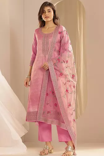 Pink Ethnic Motifs Floral Embroidered Zari Straight Kurta with Trousers & Dupatta