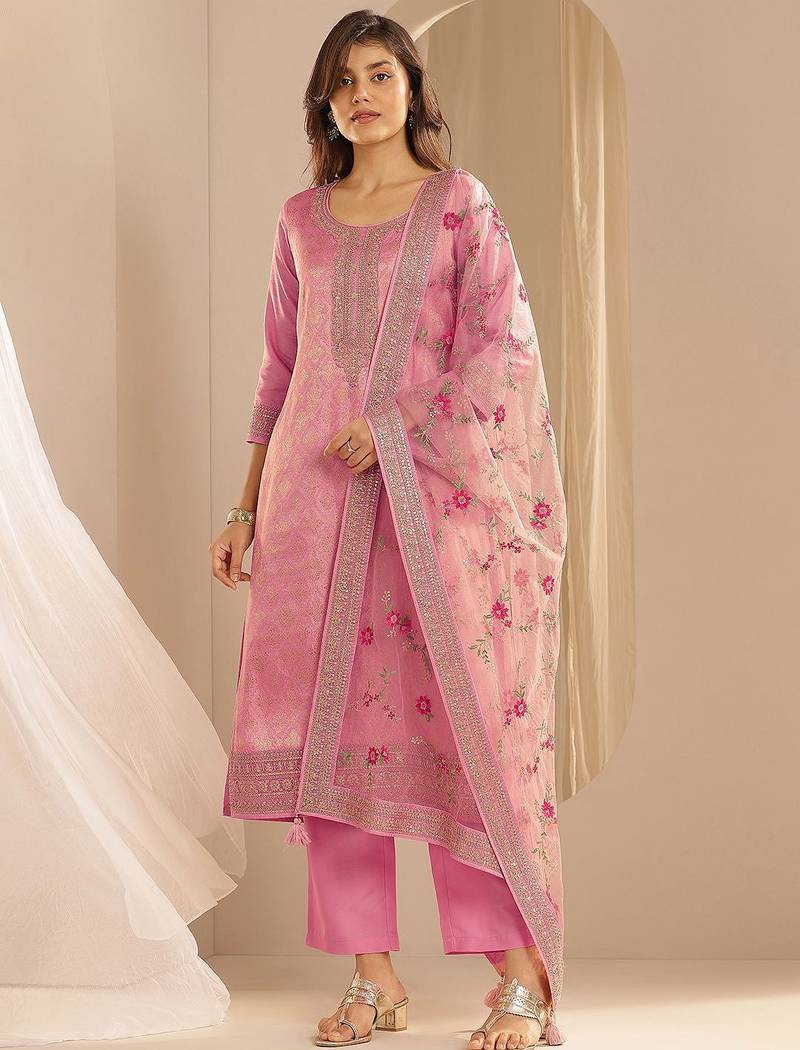 Pink Ethnic Motifs Floral Embroidered Zari Straight Kurta with Trousers & Dupatta