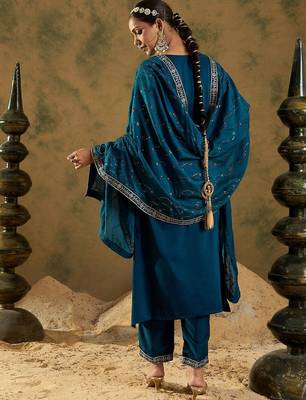Women Ethnic Motifs Embroidered Regular Kurta with Trousers & With Dupatta 6
