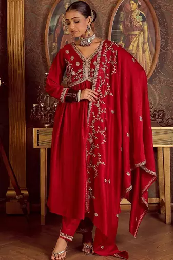 Women Floral Embroidered Empire Kurta with Trousers & With Dupatta