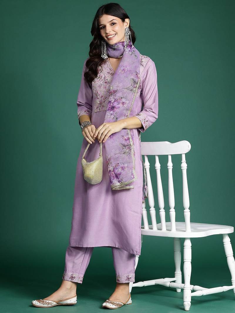 Ethnic Motifs Embroidered Kurta with Trousers & With Dupatta
