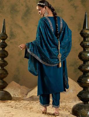 Floral Embroidered Zari Work Regular Sleeves Round Neck Silk Blend Kurta Set 6