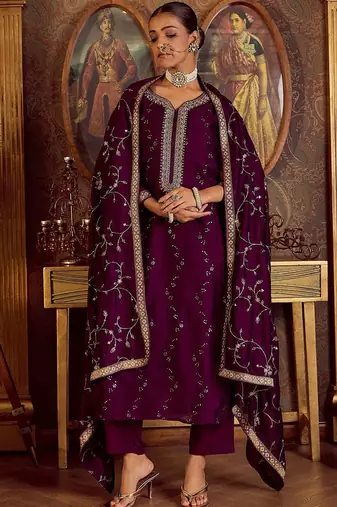 Floral Embroidered Zari Kurta with Trousers & Dupatta