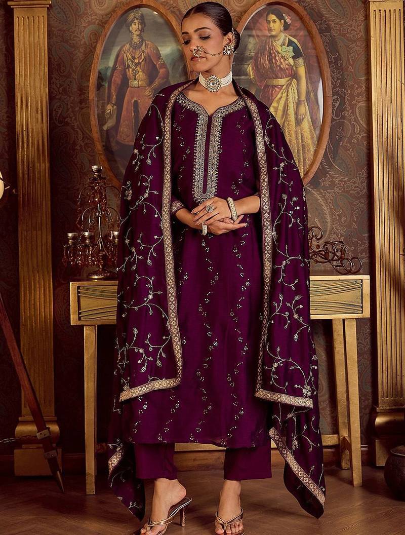 Floral Embroidered Zari Kurta with Trousers & Dupatta