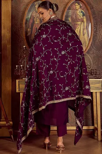 Floral Embroidered Zari Kurta with Trousers & Dupatta