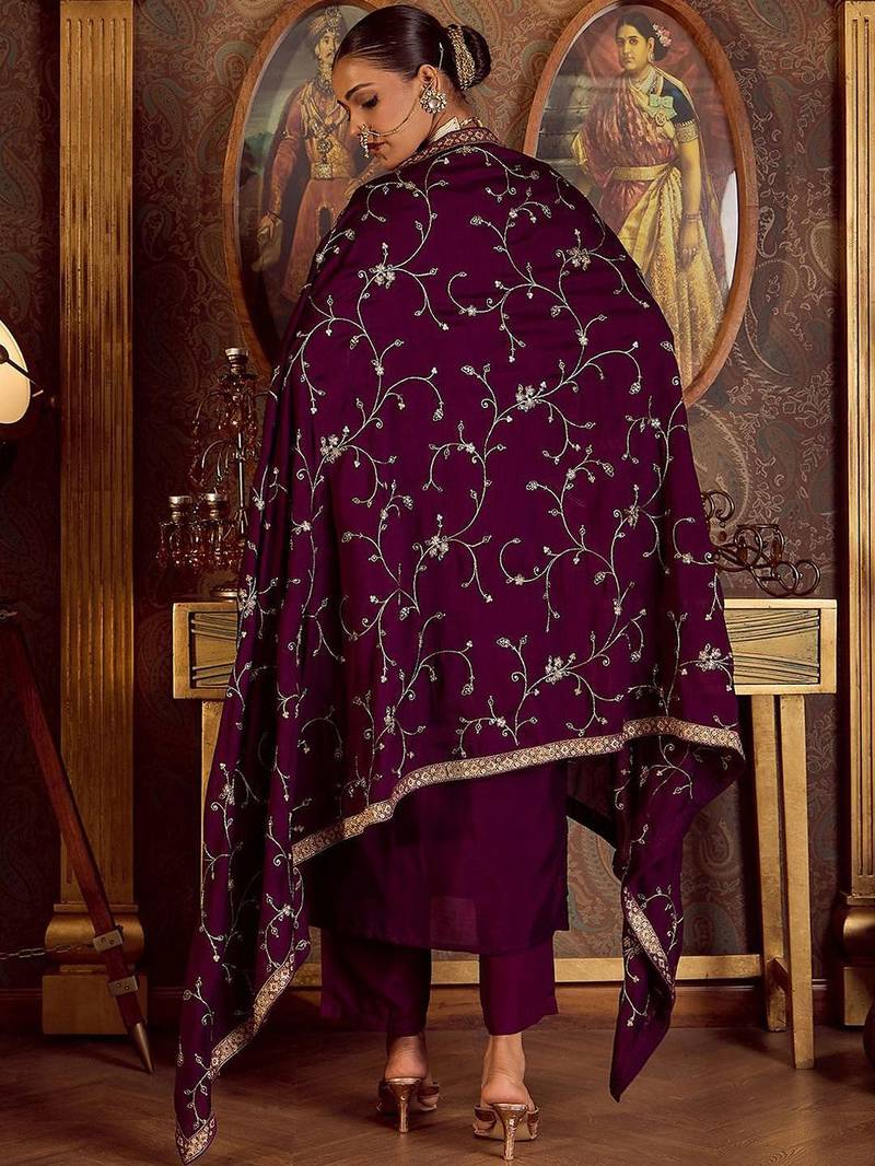 Floral Embroidered Zari Kurta with Trousers & Dupatta