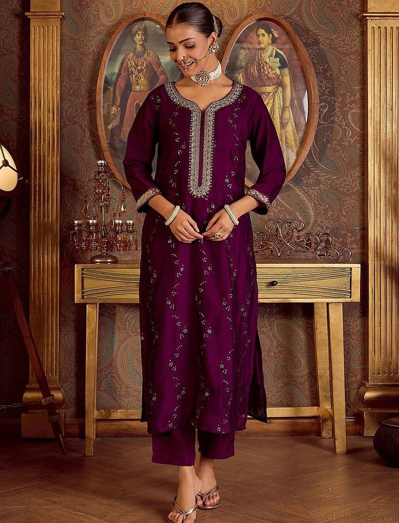 Floral Embroidered Zari Kurta with Trousers & Dupatta