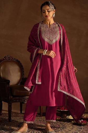 Ethnic Motifs Embroidered Notched Neck Straight Kurta with Trousers & Dupatta