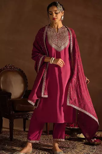 Ethnic Motifs Embroidered Notched Neck Straight Kurta with Trousers & Dupatta