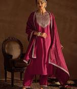 Ethnic Motifs Embroidered Notched Neck Straight Kurta with Trousers & Dupatta