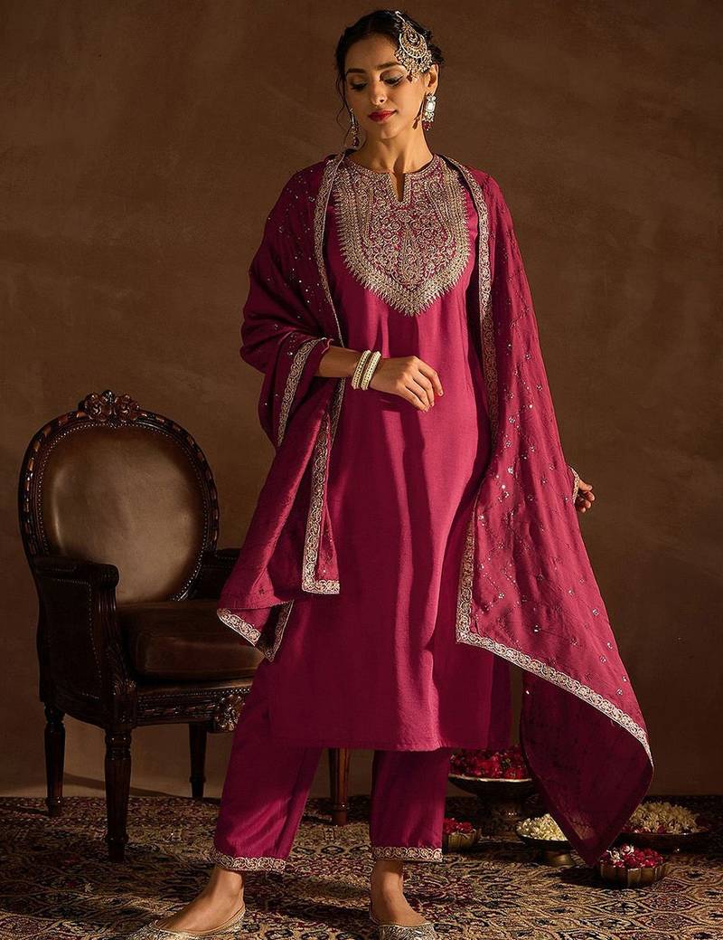 Ethnic Motifs Embroidered Notched Neck Straight Kurta with Trousers & Dupatta
