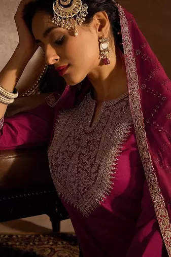 Ethnic Motifs Embroidered Notched Neck Straight Kurta with Trousers & Dupatta