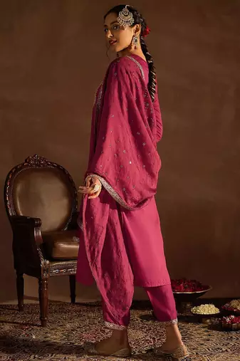 Ethnic Motifs Embroidered Notched Neck Straight Kurta with Trousers & Dupatta