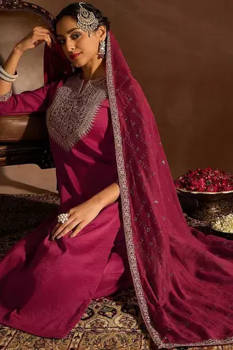 Ethnic Motifs Embroidered Notched Neck Straight Kurta with Trousers & Dupatta