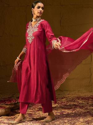 Ethnic Motifs Embroidered Thread Work Liva Straight Kurta With Trousers & Dupatta 1