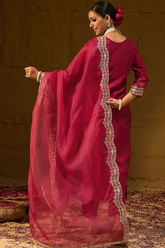 Ethnic Motifs Embroidered Thread Work Liva Straight Kurta With Trousers & Dupatta