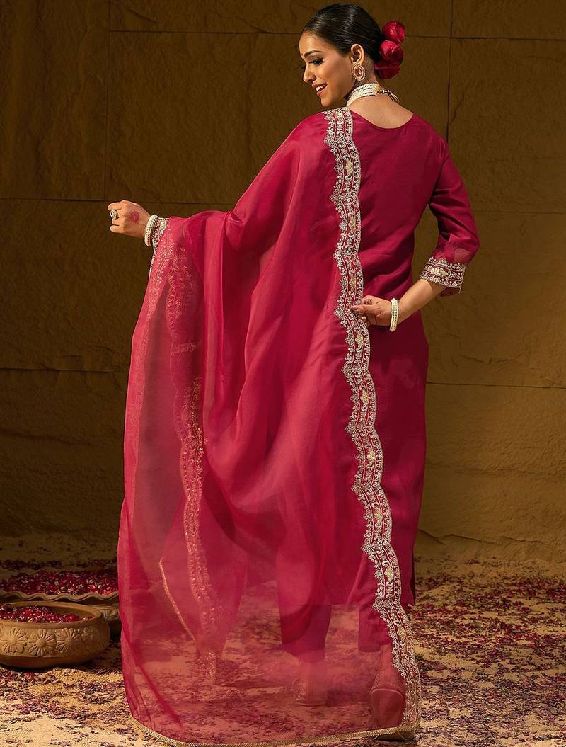 Ethnic Motifs Embroidered Thread Work Liva Straight Kurta With Trousers & Dupatta