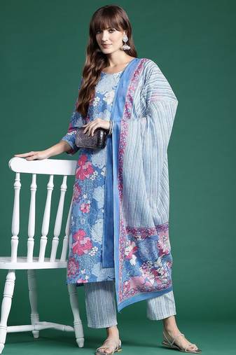 floral printed  cotton kurta with trousers & dupatta