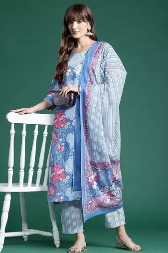 Floral Printed Pure Cotton Kurta With Trousers & Dupatta