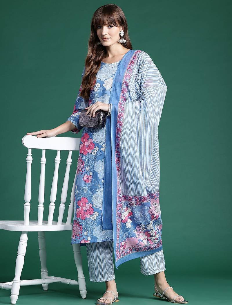 Floral Printed Pure Cotton Kurta With Trousers & Dupatta