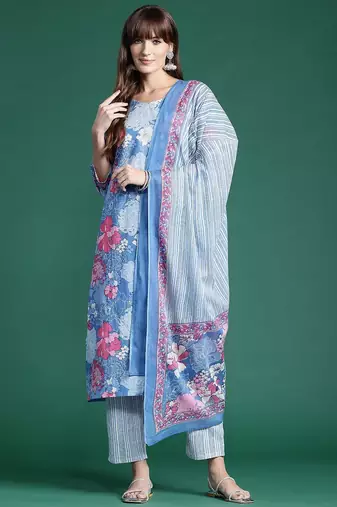 Floral Printed Pure Cotton Kurta With Trousers & Dupatta
