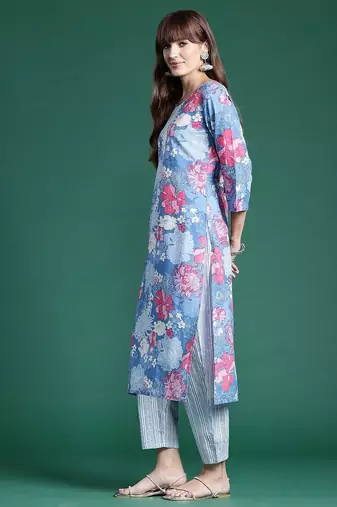 Floral Printed Pure Cotton Kurta With Trousers & Dupatta