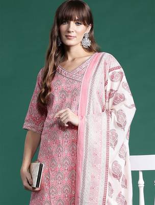 Ethnic Motifs Printed Angrakha Pure Cotton Kurta With Trousers & Dupatta 2