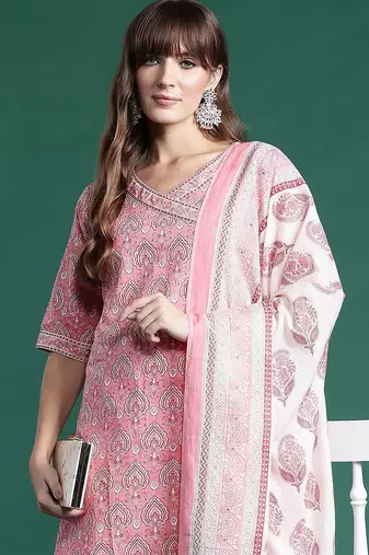 Ethnic Motifs Printed Angrakha Pure Cotton Kurta With Trousers & Dupatta