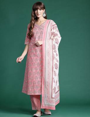 Ethnic Motifs Printed Angrakha Pure Cotton Kurta With Trousers & Dupatta 1