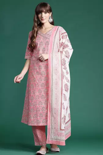 Ethnic Motifs Printed Angrakha Pure Cotton Kurta With Trousers & Dupatta