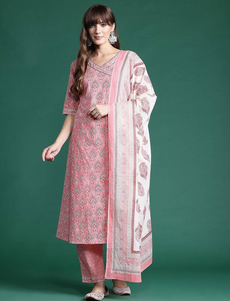 Ethnic Motifs Printed Angrakha Pure Cotton Kurta With Trousers & Dupatta