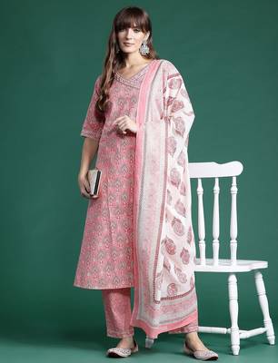 Ethnic Motifs Printed Angrakha Pure Cotton Kurta With Trousers & Dupatta 7