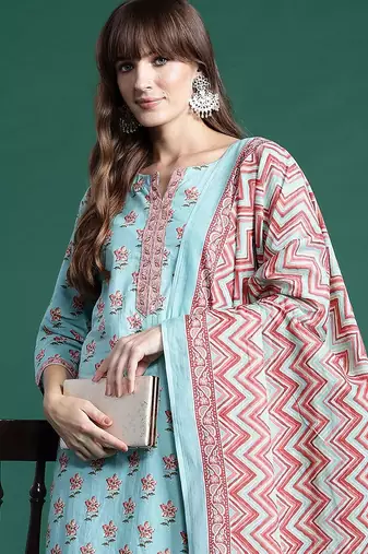 Floral Printed Pure Cotton Kurta With Trousers & Dupatta