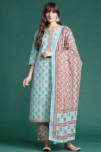 Floral Printed Pure Cotton Kurta With Trousers & Dupatta