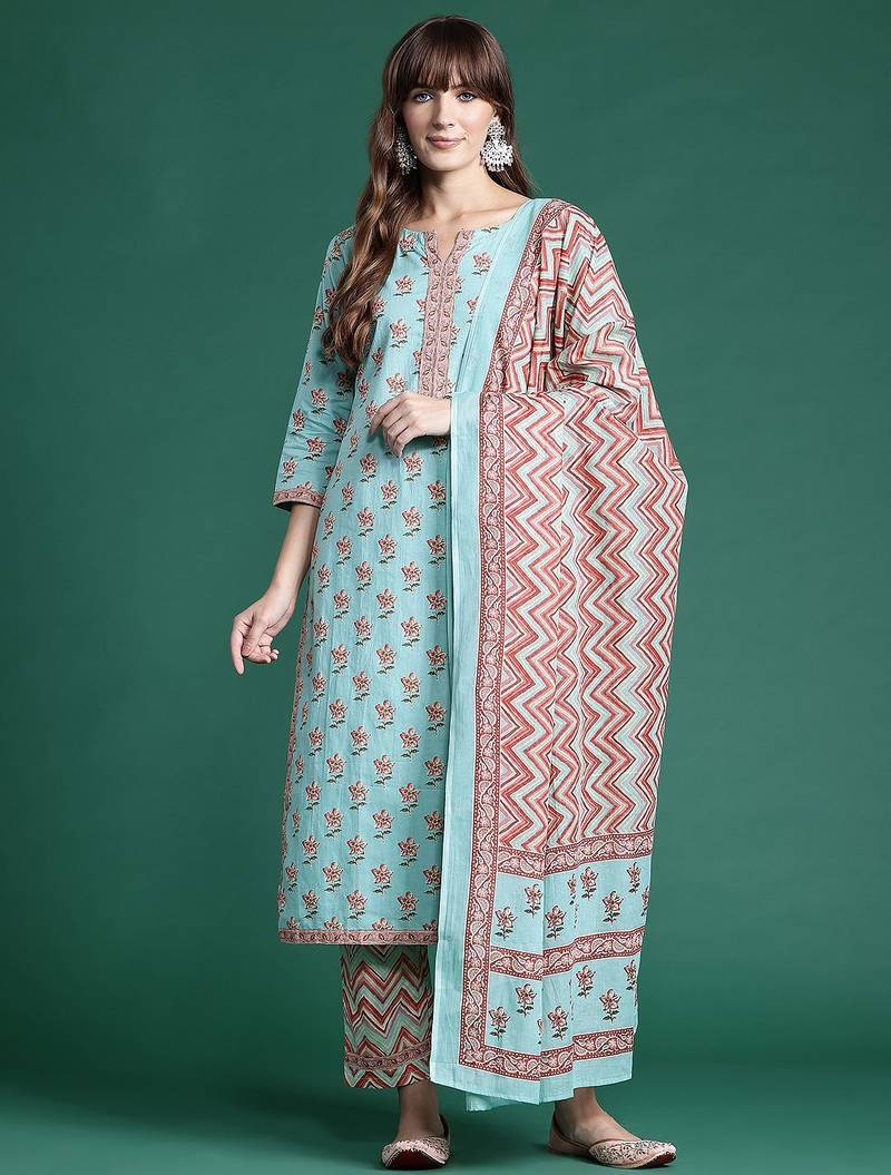 Floral Printed Pure Cotton Kurta With Trousers & Dupatta