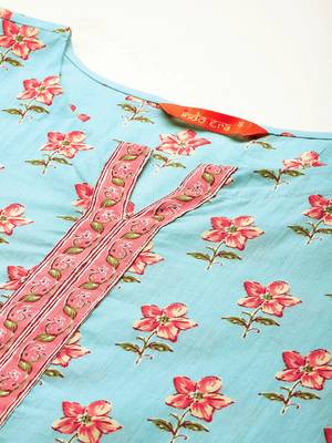 Floral Printed Pure Cotton Kurta With Trousers & Dupatta 3
