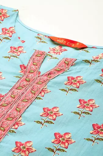 Floral Printed Pure Cotton Kurta With Trousers & Dupatta